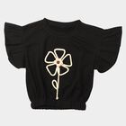 Girls Black Round Neck Regular T-Shirt, काला, small