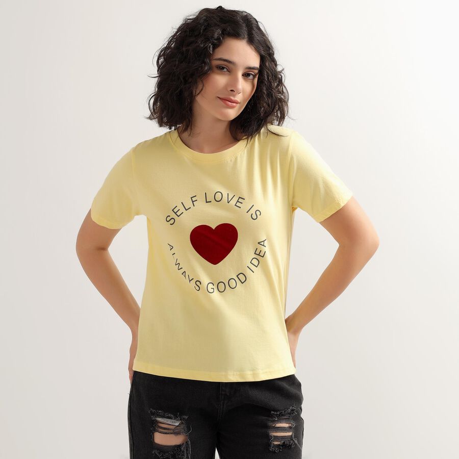 Women's Bright Yellow Cotton Round Neck Graphic Print T-Shirt, Yellow, large