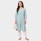 Women's Light Blue V-Neck Floral Printed Kurta, Light Blue, small