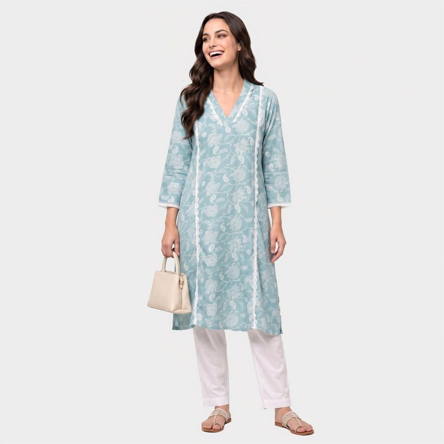 Women's Light Blue V-Neck Floral Printed Kurta, Light Blue, large