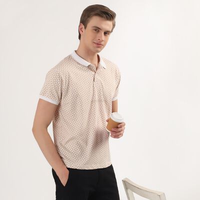 Men's White Cotton Polo Neck Geometric Printed T-Shirt