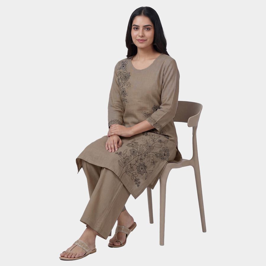 Women's Beige 100% Cotton Round Neck Straight Kurta, गहरा पीला, large