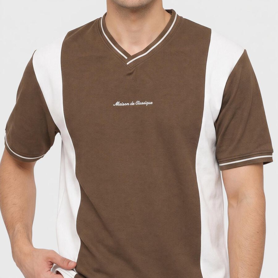 Men's Khaki V-Neck Regular T-Shirt, Khaki, large