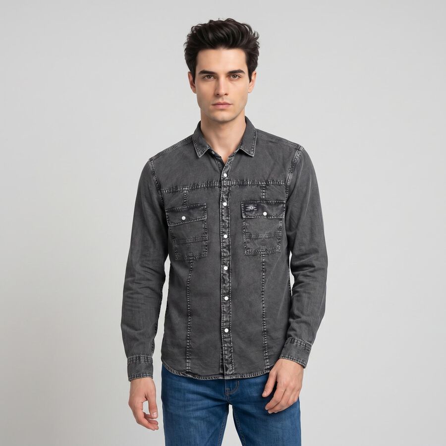 Men's Dark Grey Cotton Casual Shirt, Dark Grey, large