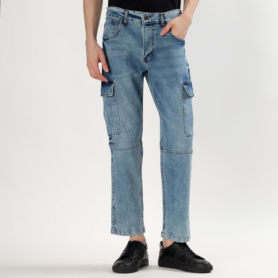 Men's Light Blue Straight Fit Cargo Jeans, Mid Blue, large image number null