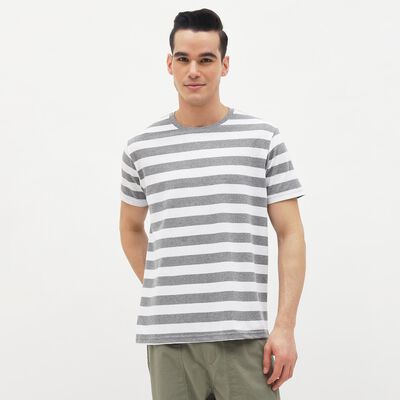 Men's Light Grey and White Round Neck Casual T-Shirt