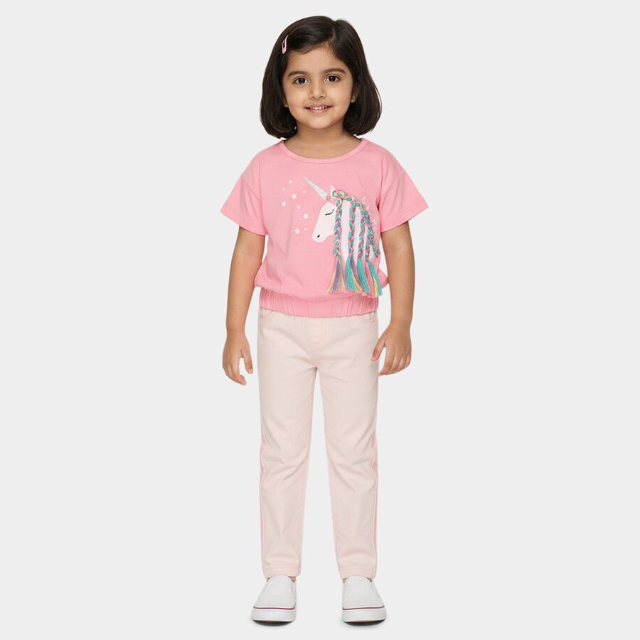 Girls' Pink Cotton Crew Neck Casual Unicorn Printed T-Shirt, Light Pink, large