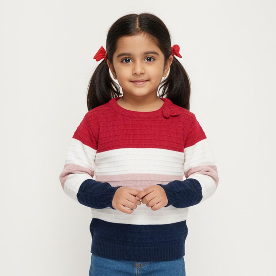 Girls' Multicolor Crew Neck Casual Pullover, रानी (फ्यूशिया), large image number null