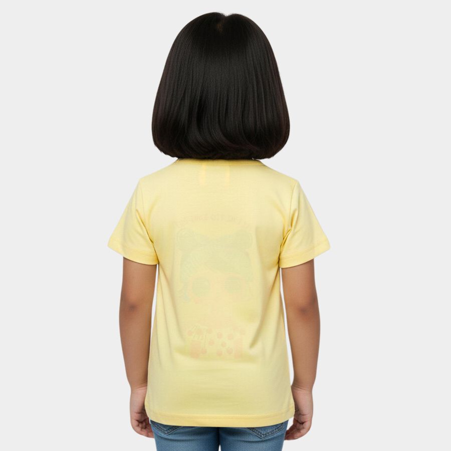 Girls Yellow Cotton Round Neck Casual T-Shirt, पीला, large