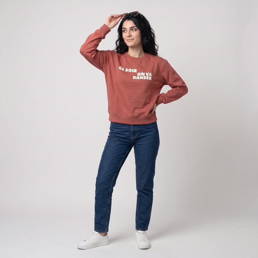 Women Pink Crew Neck Graphic Print Sweatshirt, गुलाबी, large