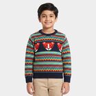 Boys' Navy Blue Crew Neck Printed Pullover, नेवी ब्लू, small