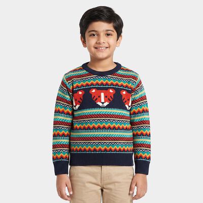 Boys' Navy Blue Crew Neck Printed Pullover