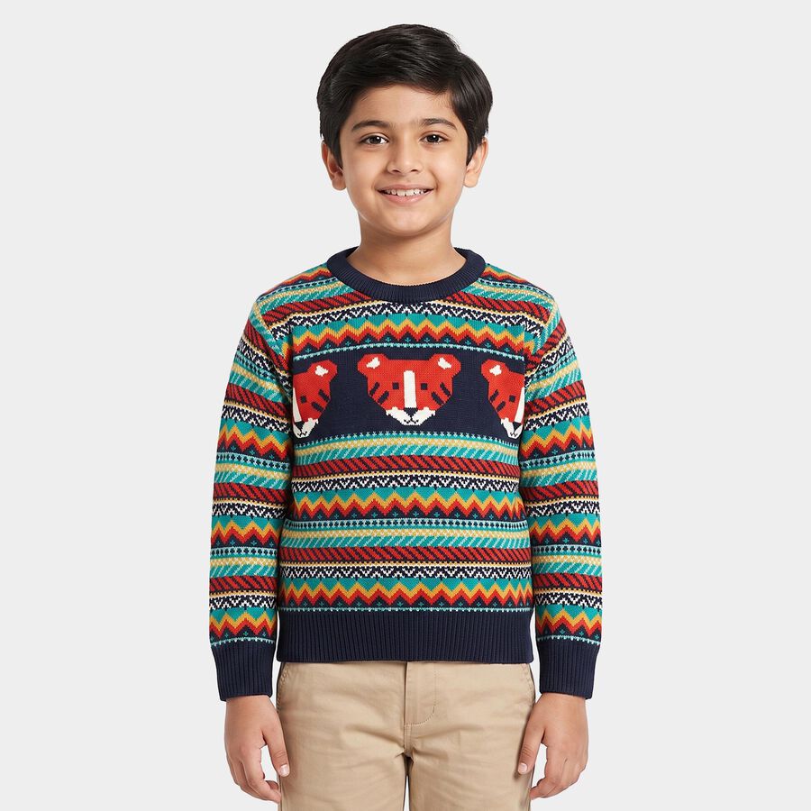 Boys' Navy Blue Crew Neck Printed Pullover, नेवी ब्लू, large