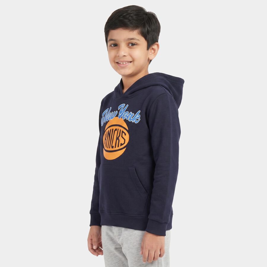 Boys' Navy Blue Hoodie Neck Graphic Sweatshirt, नेवी ब्लू, large