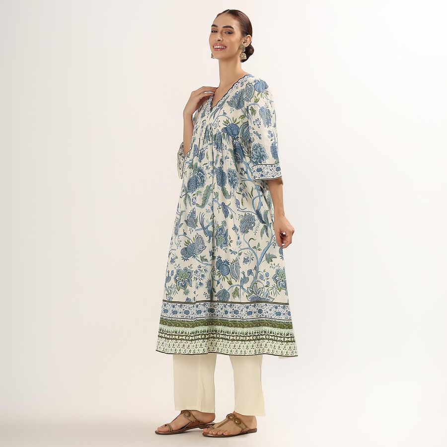 Women's Soft Ivory Cotton V-Neck Floral Printed Kurta, Light Blue, large image number null