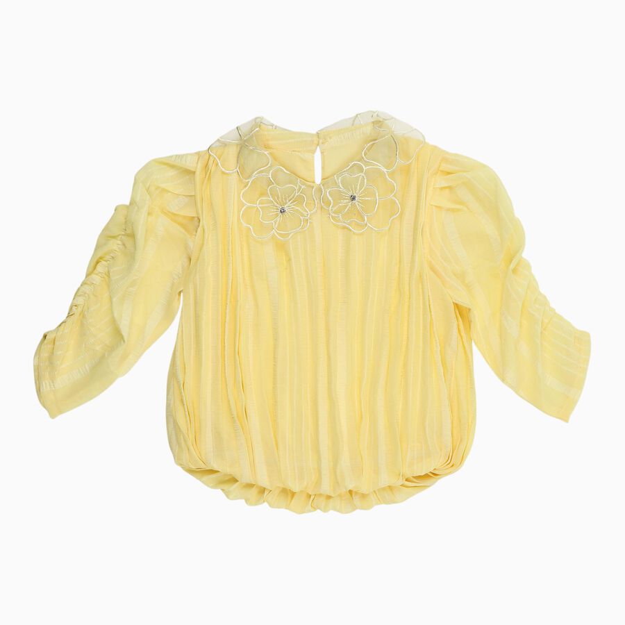 Girls Bright Yellow Decorative Collar Casual T-Shirt, पीला, large