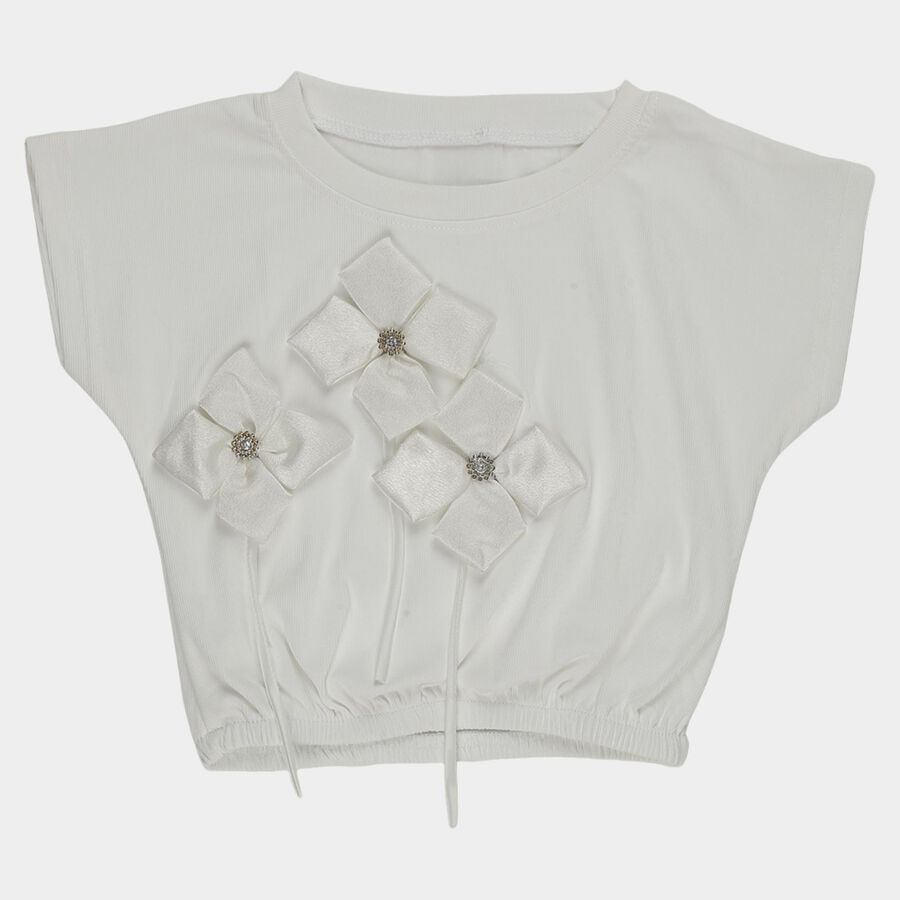 Girls' White Round Neck Romantic T-Shirt, White, large