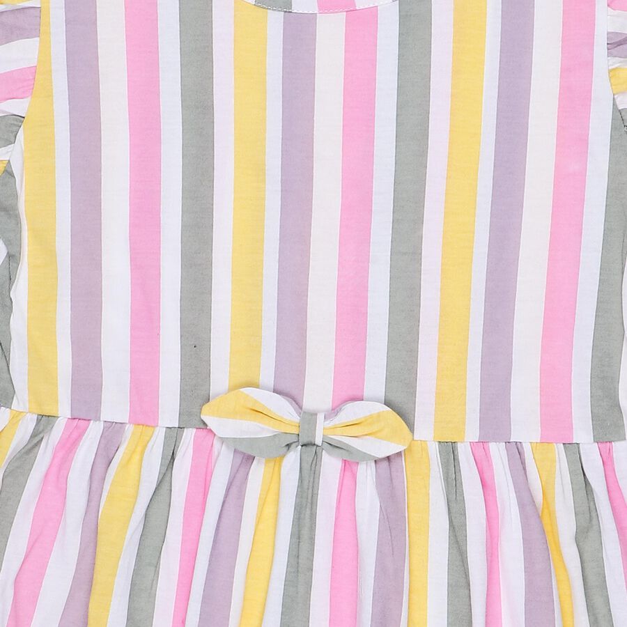 Girls' Multicolour Striped Flutter Sleeve Fit and Flare Frock, Off White, large