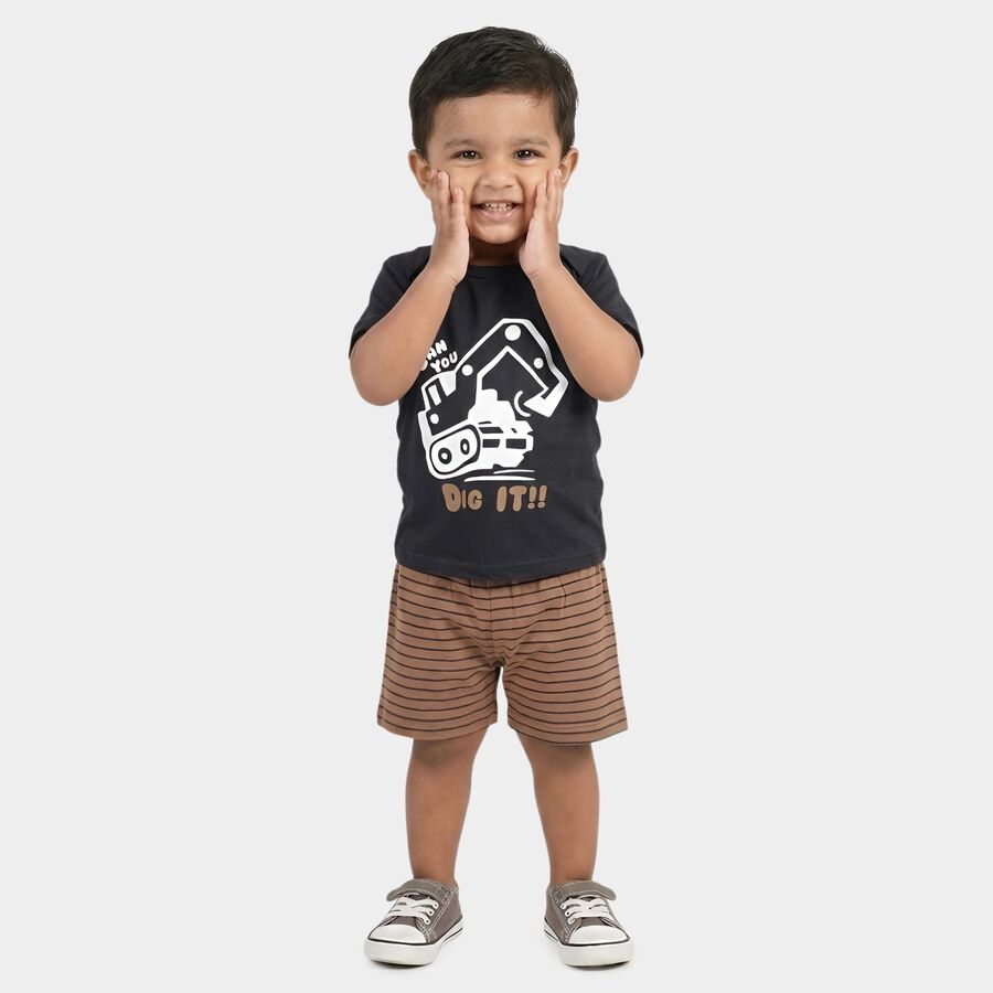 Infants' Grey 100% Cotton Round Neck Graphic Printed Baba Suit, Charcoal, large