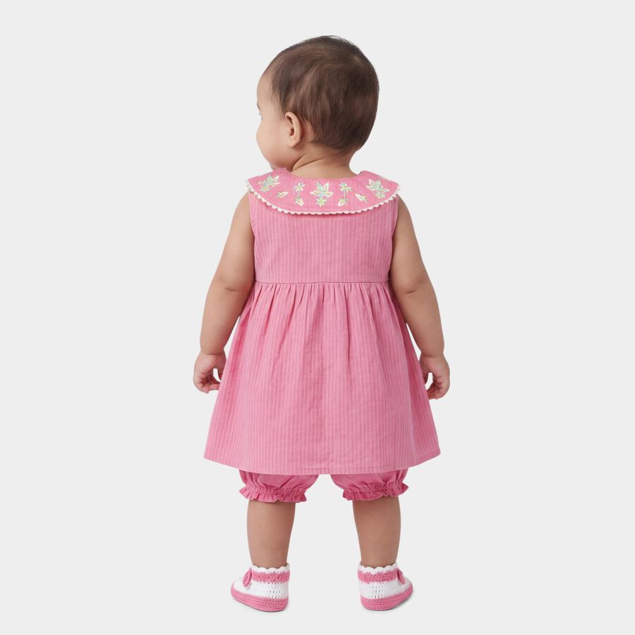 Infants' Pink Cotton Embroidered Collar Sleeveless Frock with Bloomers, Pink, large