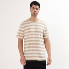 Men's Muted Beige Round Neck Striped T-Shirt, Beige, small