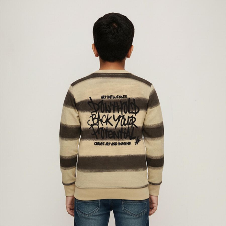 Boys Beige Crew Neck Casual Striped T-Shirt, गहरा पीला, large image number null