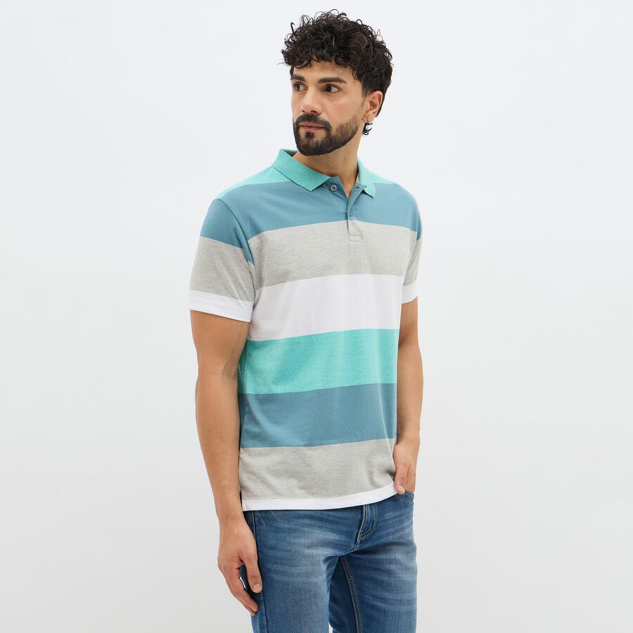 Men's Muted Teal and Grey Polo Collar Casual T-Shirt, Aqua, large image number null