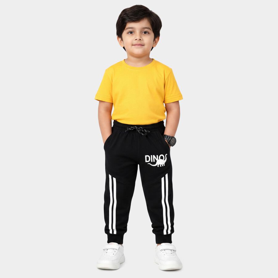 Boys Black Tapered Fit Printed Cotton Blend Pyjama, Black, large