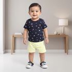 Infants' Navy Blue 100% Cotton Round Neck Graphic Print Baba Suit, Navy Blue, small