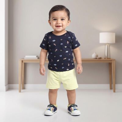Infants' Navy Blue 100% Cotton Round Neck Graphic Print Baba Suit