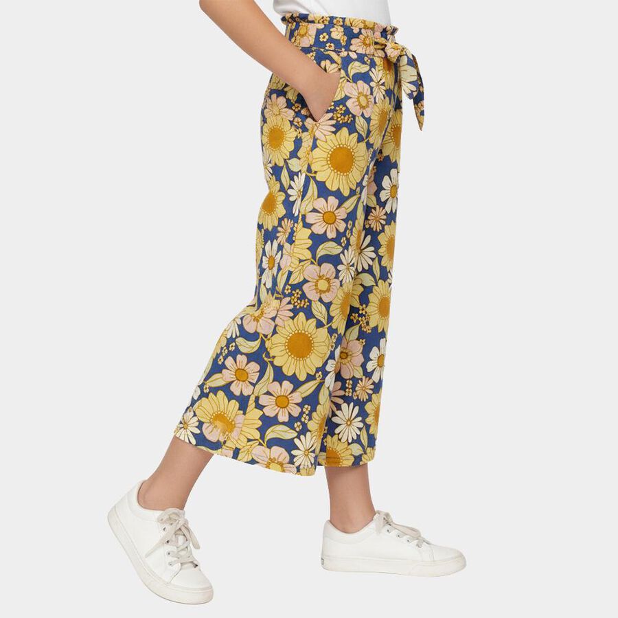 Girls' Mid Blue Relaxed Fit Floral Printed Capri, मध्यम नीला, large