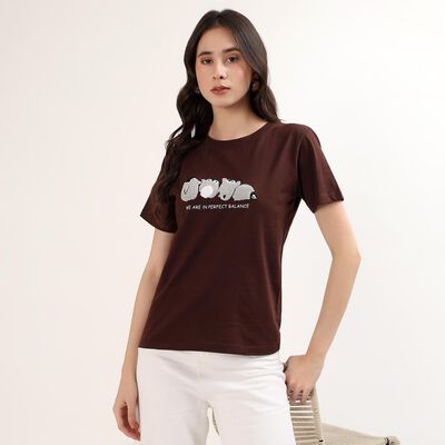 Women's Brown Round Neck Casual T-Shirt