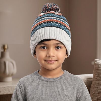 Boys' Grey Patterned Pom-Pom Beanie Cap