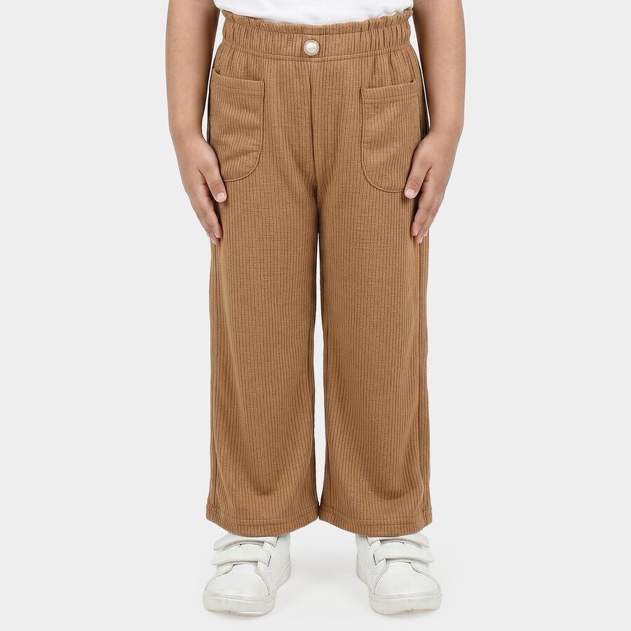 Girls' Beige Wide Leg Ribbed Trousers, गहरा पीला, large