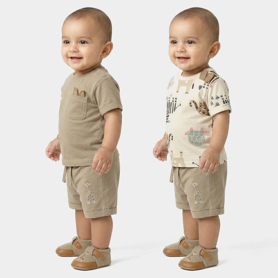 Infants' Beige 100% Cotton Round Neck Printed Baba Suit, Beige, large