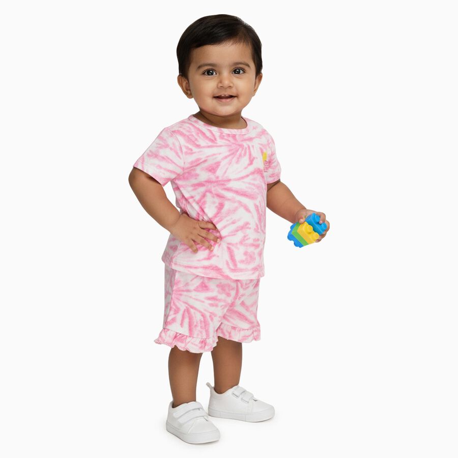 Infant Bright Pink Cotton Round Neck Casual Shorts Set, गुलाबी, large