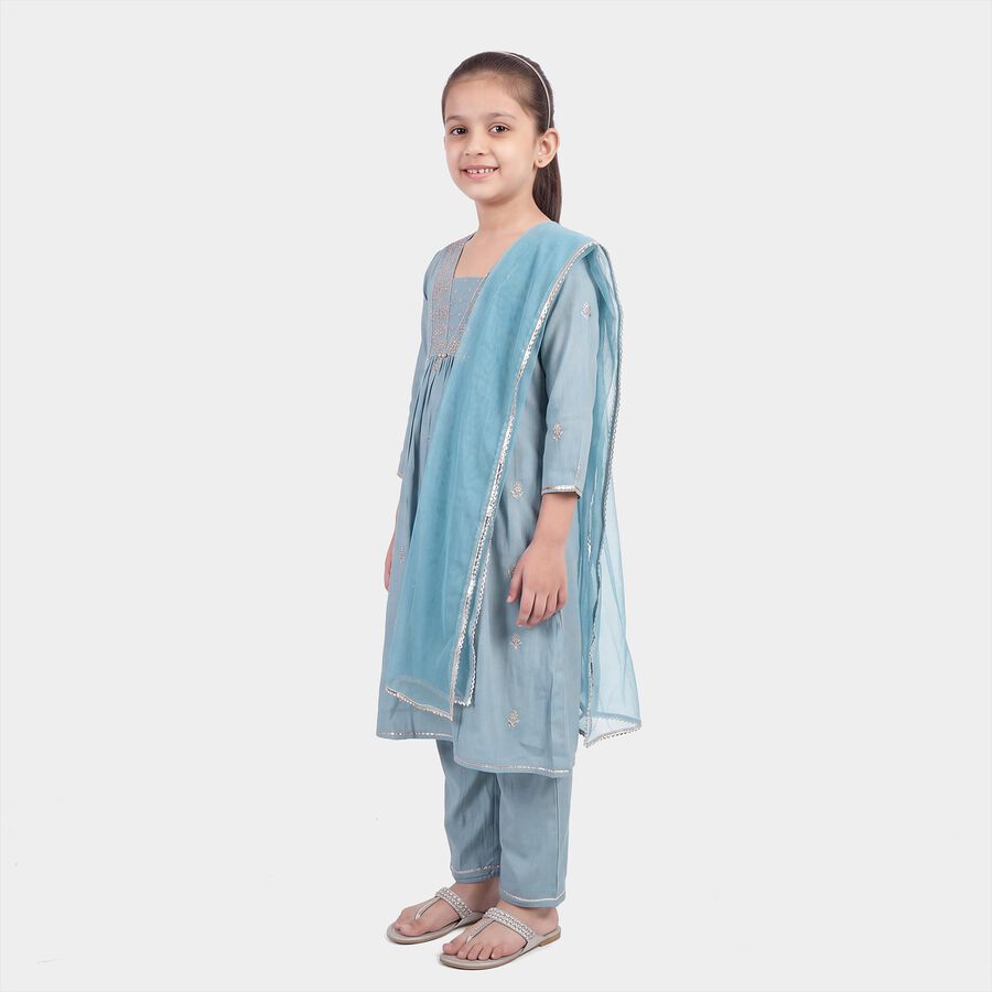 Girls Light Blue V-Neck Kurta and Pant Fusion Set, हल्का नीला, large