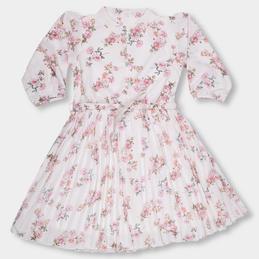 Girls' Soft White Puff Sleeve Floral Dress, White, large image number null