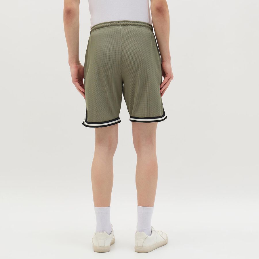 Men's Muted Olive Green Textured Elastic Waist Bermuda Shorts, Light Green, large