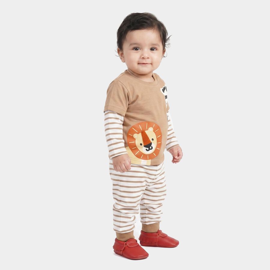 Infants' Beige 100% Cotton Round Neck Baba Suit, Beige, large