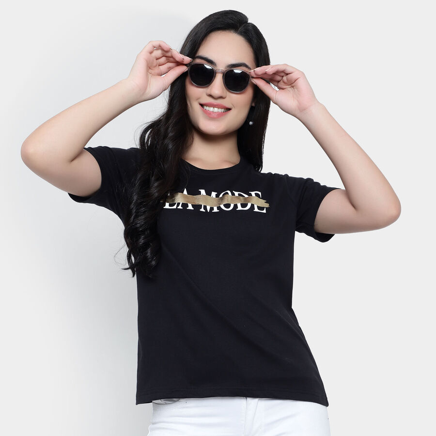 Round Neck T-Shirt, काला, large image number null