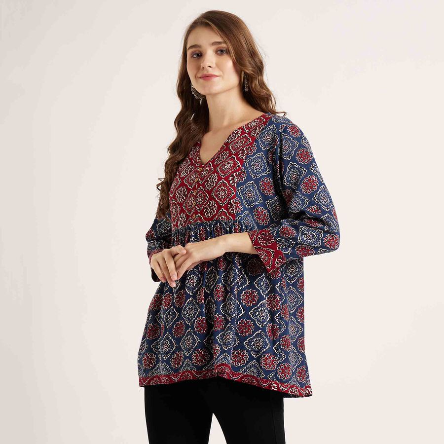 Printed 3/4th Sleeve Kurti, Dark Blue, large image number null