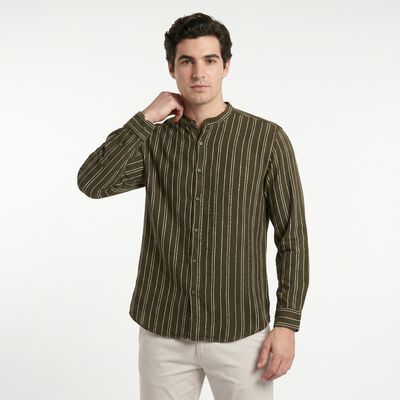 Men's Olive Green Cotton Mandarin Collar Striped Regular Fit Shirt