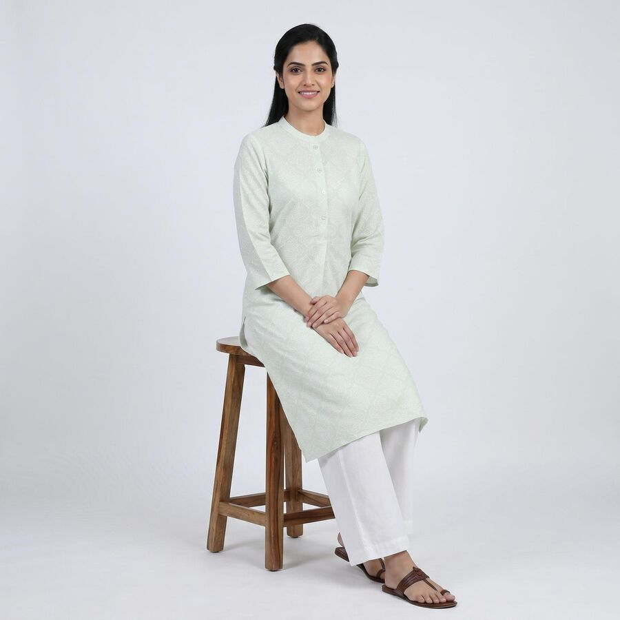 Women's Light Green Cotton Kurta, हल्का हरा, large