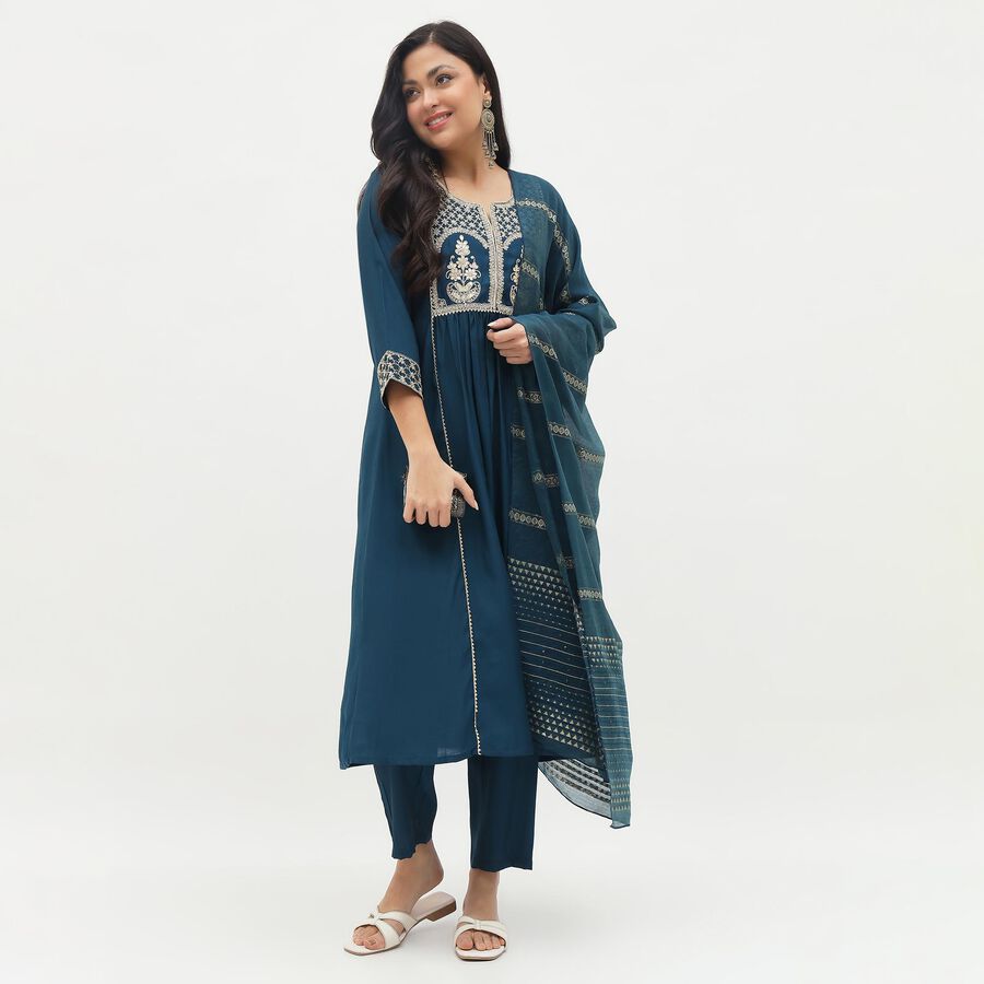 Women's Deep Teal Embroidered Ethnic Set, Teal Blue, large