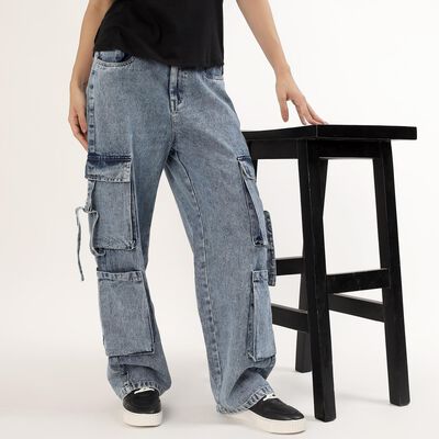 Women's Stonewashed Blue Relaxed Fit Cargo Jeans