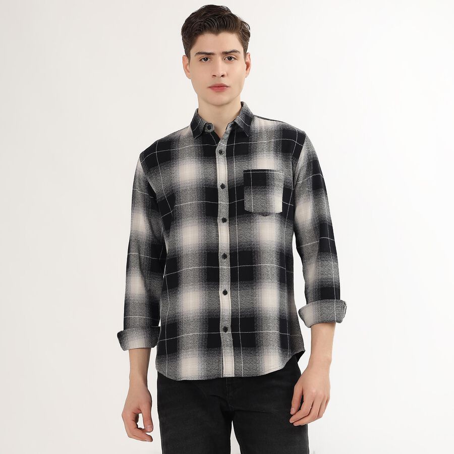 Men's Black and White Cotton Spread Collar Casual Shirt, Black, large