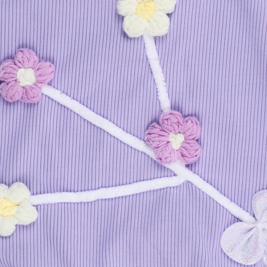 Girls' Lavender Round Neck Ruffle Sleeve Floral T-Shirt, लाइलेक, large