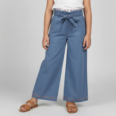Girls' Dusty Steel Blue Wide-Leg Embroidered Jeans