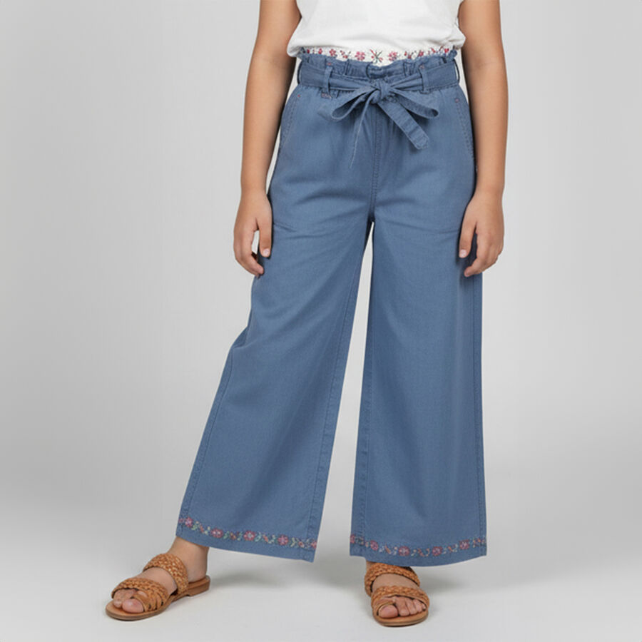 Girls' Dusty Steel Blue Wide-Leg Embroidered Jeans, मध्यम नीला, large image number null
